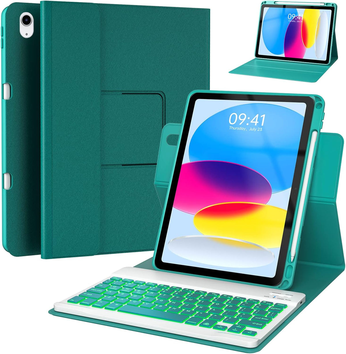 BLUTLOTUS Keyboard Case for iPad 11th a1610th Generation, 360° Rotatable Cover with Pencil Holder, 7 Color Backlit Detachable Bluetooth Keyboard for 2022 10.9 inch & 2025 11''(Teal)