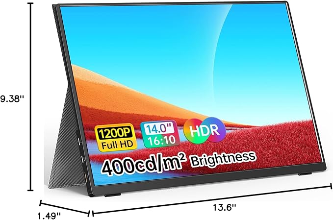 WGK Portable Monitor 14 Inch FHD1200P Ultra-Slim for Laptop Monitor USB-C HDMI Plug&Play100% SRGB External monitoDual Speakers Extender Display. with Stand for LaptopPC Phone Xbox PS4/5