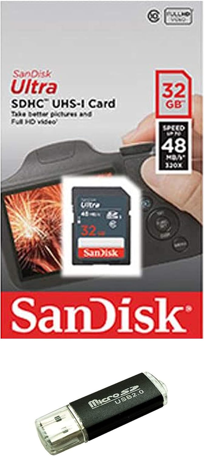 Sandisk 32GB SD SDHC Flash Memory Card for Nintendo 3DS, Nikon SLR, Canon Powershot, with Bonus USB Card Reader