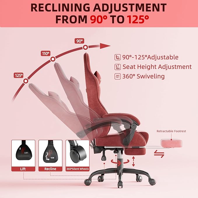 Ferghana Velvet Fabric Gaming Chair Ergonomic Gamer Chair for Adult Comfortable Video Game Chair with Footrest and Massage Lumbar Cushion Racing Reclining Office Home Computer Desk Chair Red