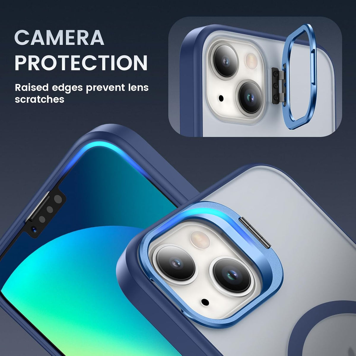 Ruky Translucent Magnetic Case for iPhone 13/14, 6.1", with Privacy Screen Protector & Metal Kickstand, Blue, MagSafe