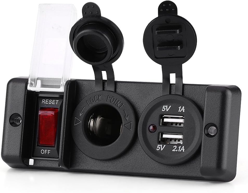 12V Waterproof Cigarette Lighter Socket, Dual USB Power Socket Switch Panel for Car RV Marine Boat