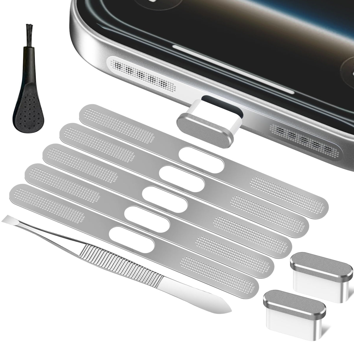 Miuolv Speaker Protector Compatible With Iphone 17 Pro Max, Metal Mesh Dust Cover With Usb C Dust Plug, Cleaning Tools, Silver