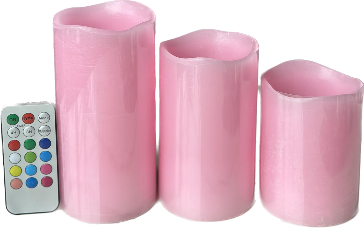 Adoria Pink Flameless Led Candles Set Of 3-Real Wax Pillar Candles With Rose Scented Remote And Timer, Dia3Xh4/5/6 Inch For Wedd
