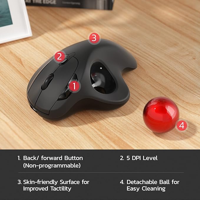 Nulea M501 Wireless Trackball Mouse Rechargeable Ergonomic Easy Thumb Control Precise & Smooth Tracking 3 Device Connection (Bluetooth or USB Receiver) Compatible for PC Laptop Mac Windows