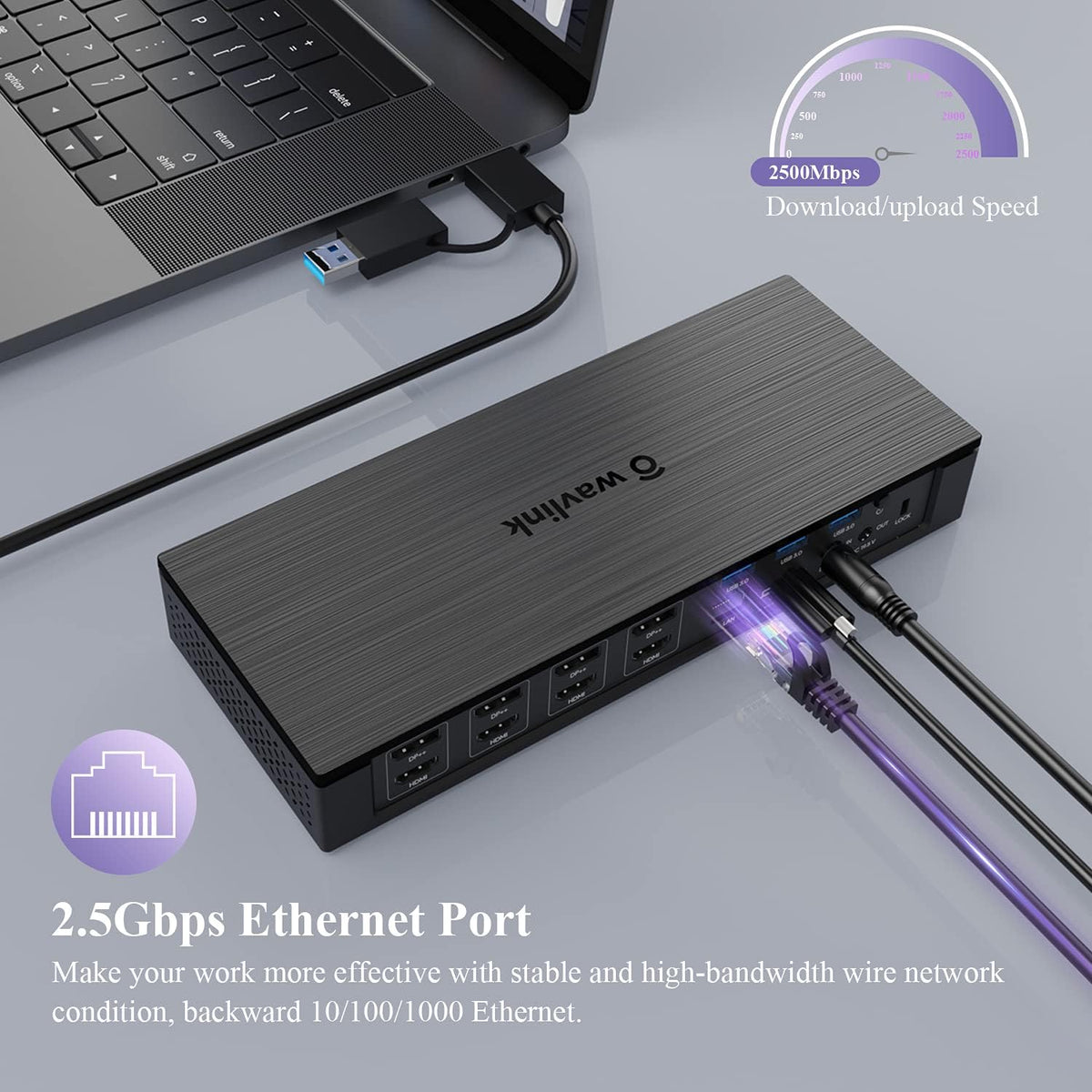 WAVLINK DisplayLink Laptop Docking Station - Quad Monitor 5K/4K@60Hz, 100W Charging - Thunderbolt 4/3, USB-C/A - M1 M2 Mac/Windows/Chrome/Ubuntu - 4 HDMI, 4 DP, 180W Power, SD 4.0 CR, 2.5Gbps LAN