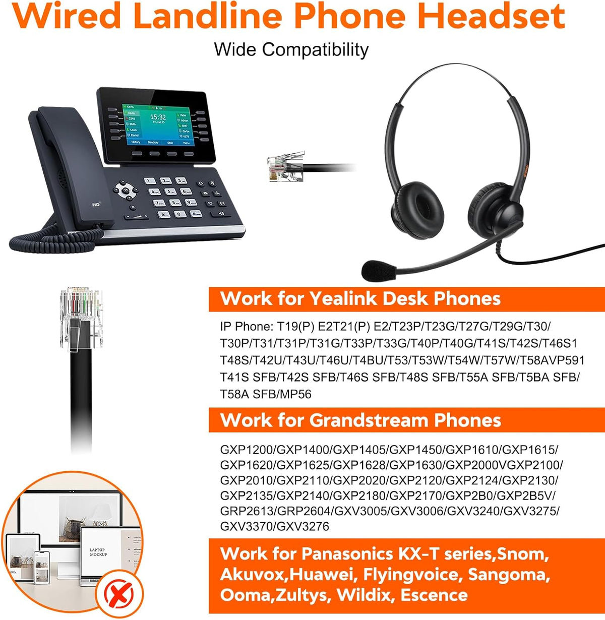 Lightweight Wired RJ9 Telephone Headphone Call Center Headset, Compatible with Yealink & Grandstream Phones