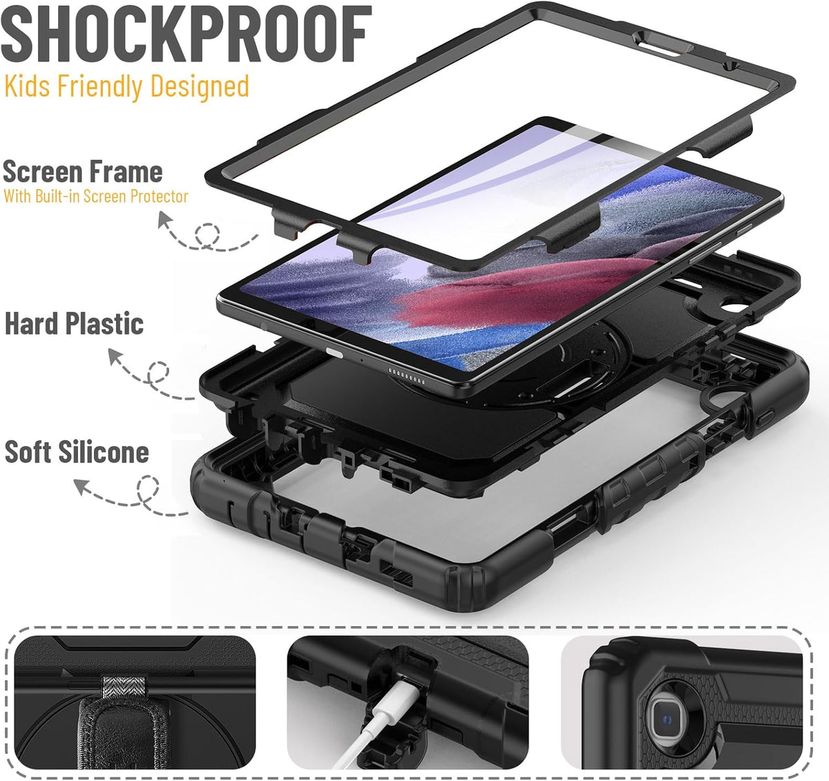 HXCASEAC Case for Samsung Galaxy Tab A7 Lite, Protective with Screen Protector/Hand Strap/Pen Holder, Sturdy A7 Lite Tablet Case, SM-T220 SM-T225 SM-T227, Black