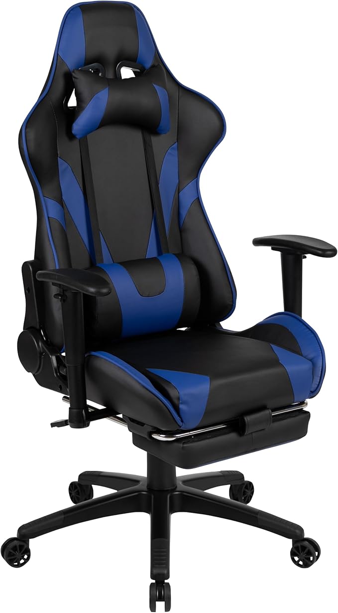 BizChair Black Gaming Desk with Cup Holder/Headphone Hook and Monitor/Smartphone Stand & Blue Reclining Gaming Chair with Footrest
