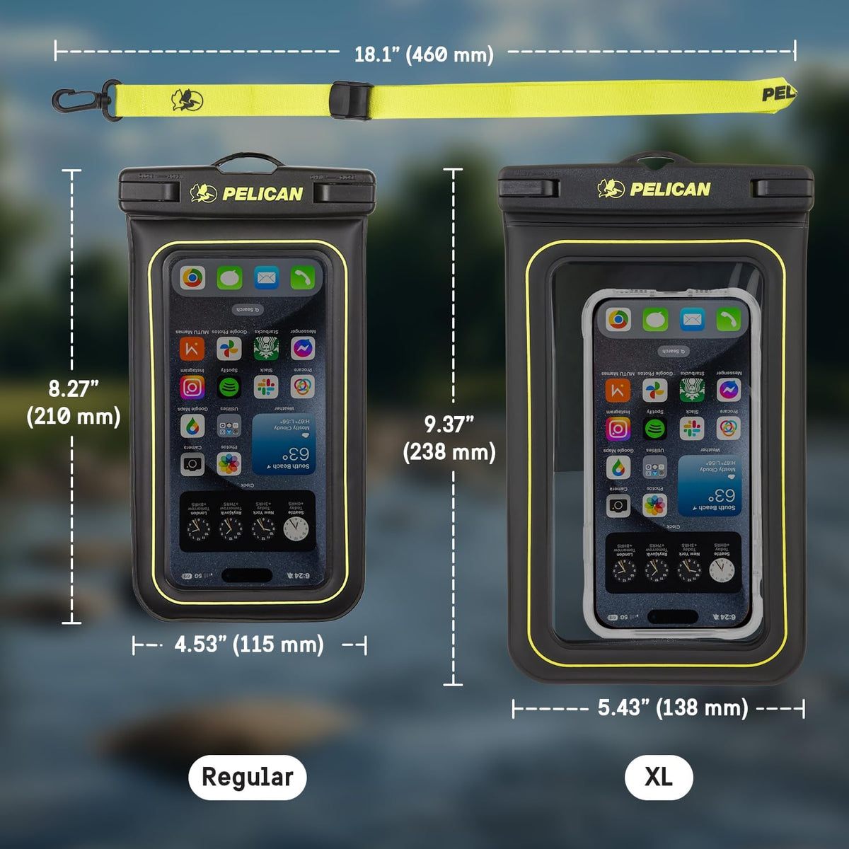 Pelican Marine - IP68 Waterproof Phone Pouch (Regular Size) Floating Waterproof Phone Case - Beach Cruise Ship Travel Essentials - Works with All Phones - Detachable Lanyard - Black/Hi-Vis Yellow