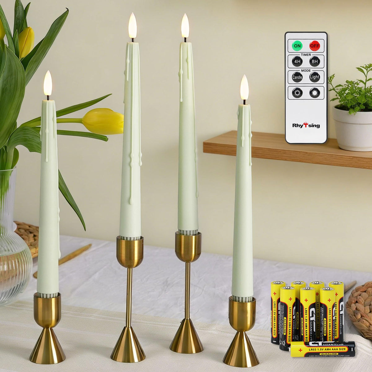 Rhytsing 9.6 Inches Sage Green Flameless Taper Candle With Remote, Battery Operated Led Dinner Candles With Timer For Spring And