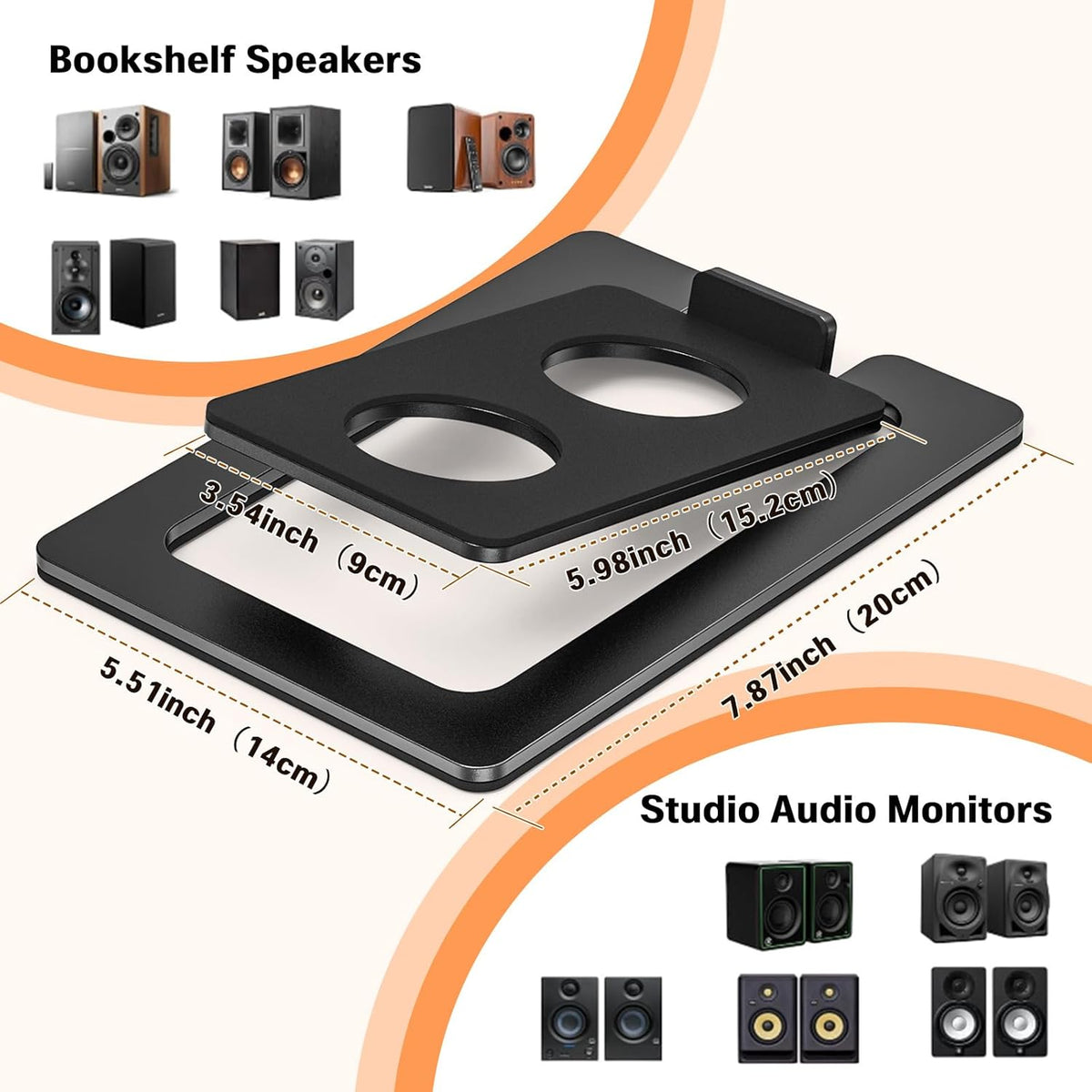 Metal Desktop Speaker Stands Pair, 15° Tilted Steel Tabletop Bookshelf Speaker Wedge with Damping Foam Pads for Small Medium Speakers, Suitable for PC, Gaming, and Studio