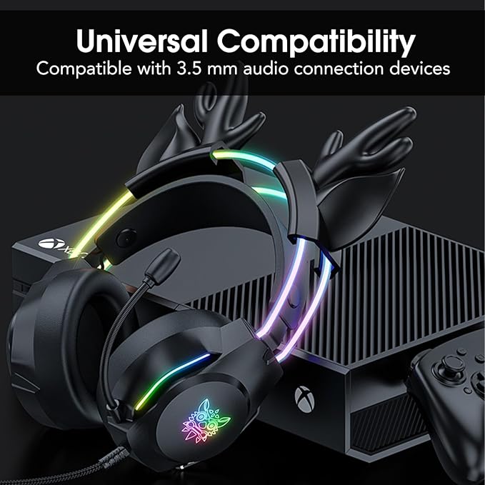Gaming Headset with Microphone Deer Ears Headphones for PC Laptop PS4 PS5 Xbox Switch Rainbow RGB Lighting & Virtual Surround Sound 3.5mm Over Ear Headphones Ergonomic