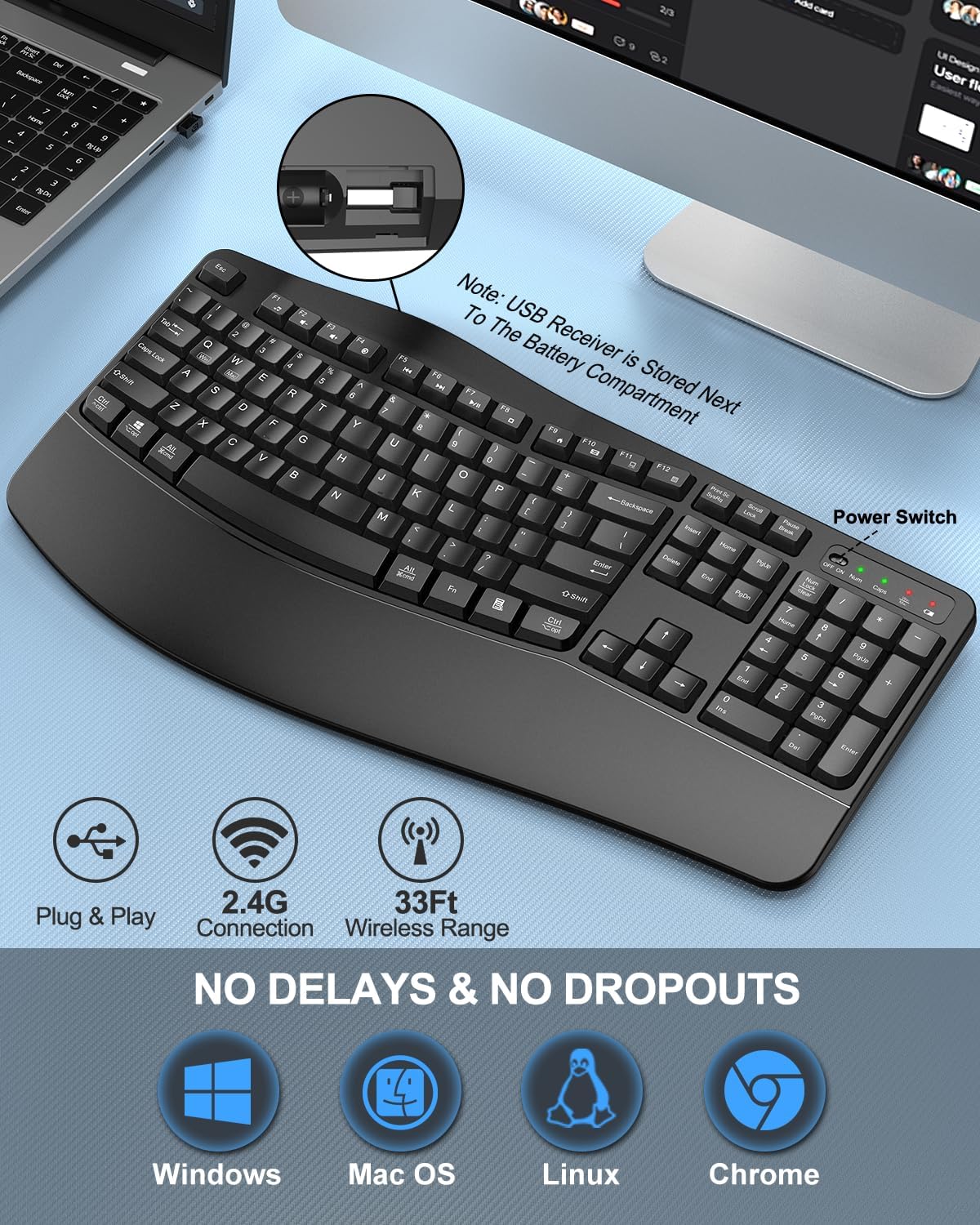 EDJO Ergonomic Wireless Keyboard for Large Hands, with Wrist Rest, Wave Keys, 2.4GHz Full Size Ergo Cordless USB Computer Keyboard, Comfortable Natural Typing, for Laptop, Mac, Windows (Black)