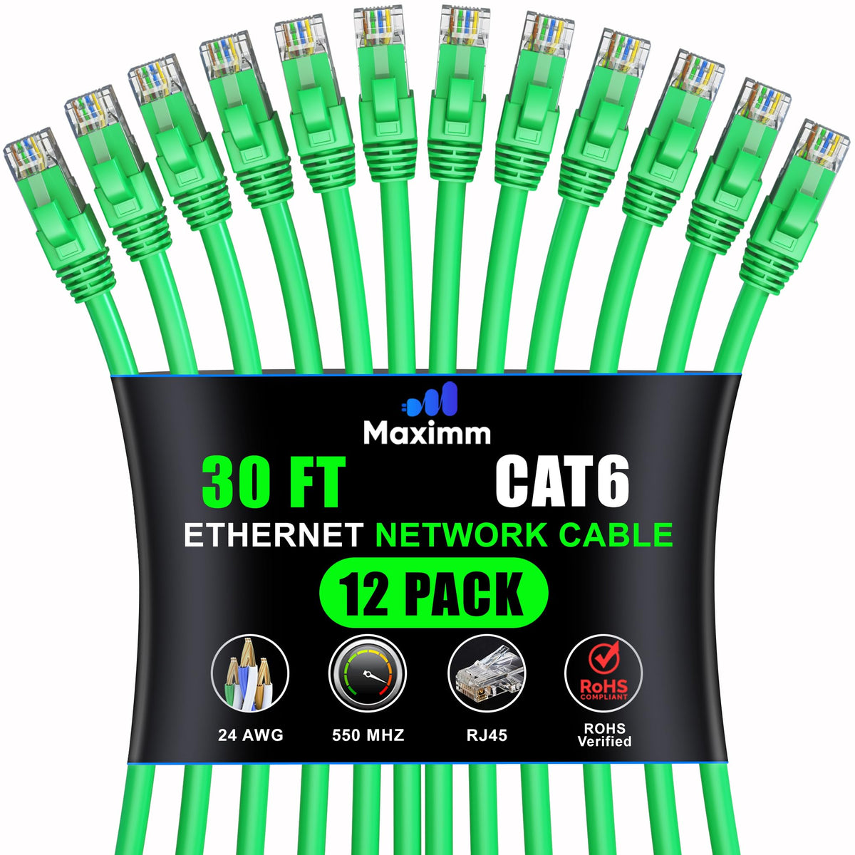 Maximm Cat 6 Ethernet Cable - 30 ft (12-Pack), High-Speed LAN, Internet, Patch, and Network Cable - UTP, 10Gbps, 550MHz - Green