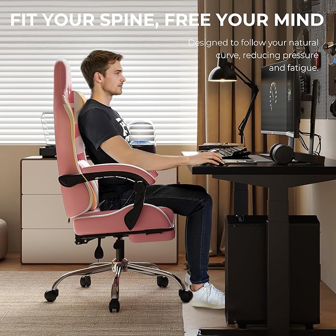 Ergonomic Gaming Chair with Footrest Heavy Duty 330lbs Office Chair Massage Lumbar Support Adjustable Height & Headrest Pillow Comfortable for Back Pain Relief Streaming Long Gaming Rose