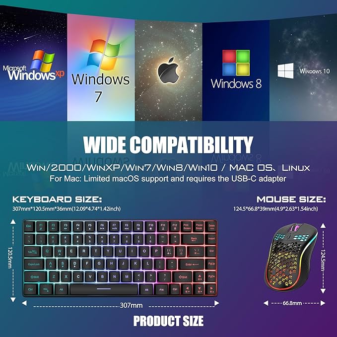 RedThunder K84 Wireless Keyboard and Mouse Combo Rainbow Backlit Rechargeable Battery 75% Layout TKL Ultra Compact Gaming Keyboard & Lightweight 3200 DPI Honeycomb Optical Mouse (Black)