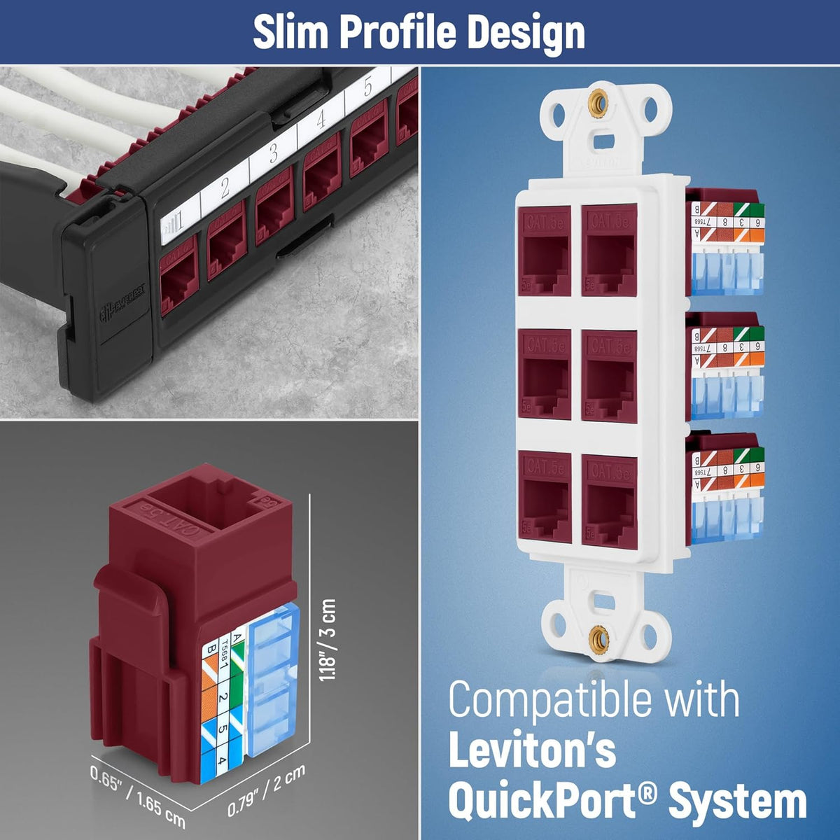 Everest 90° Angled RJ45 Cat5e Keystone Jacks 10-Pack in Red - Slim Profile Female RJ45 Connectors - Cat 5e Keystone Jack - Compatible with 90° Angled Speed Termination Tool - easyJACK (B094WB91H3)