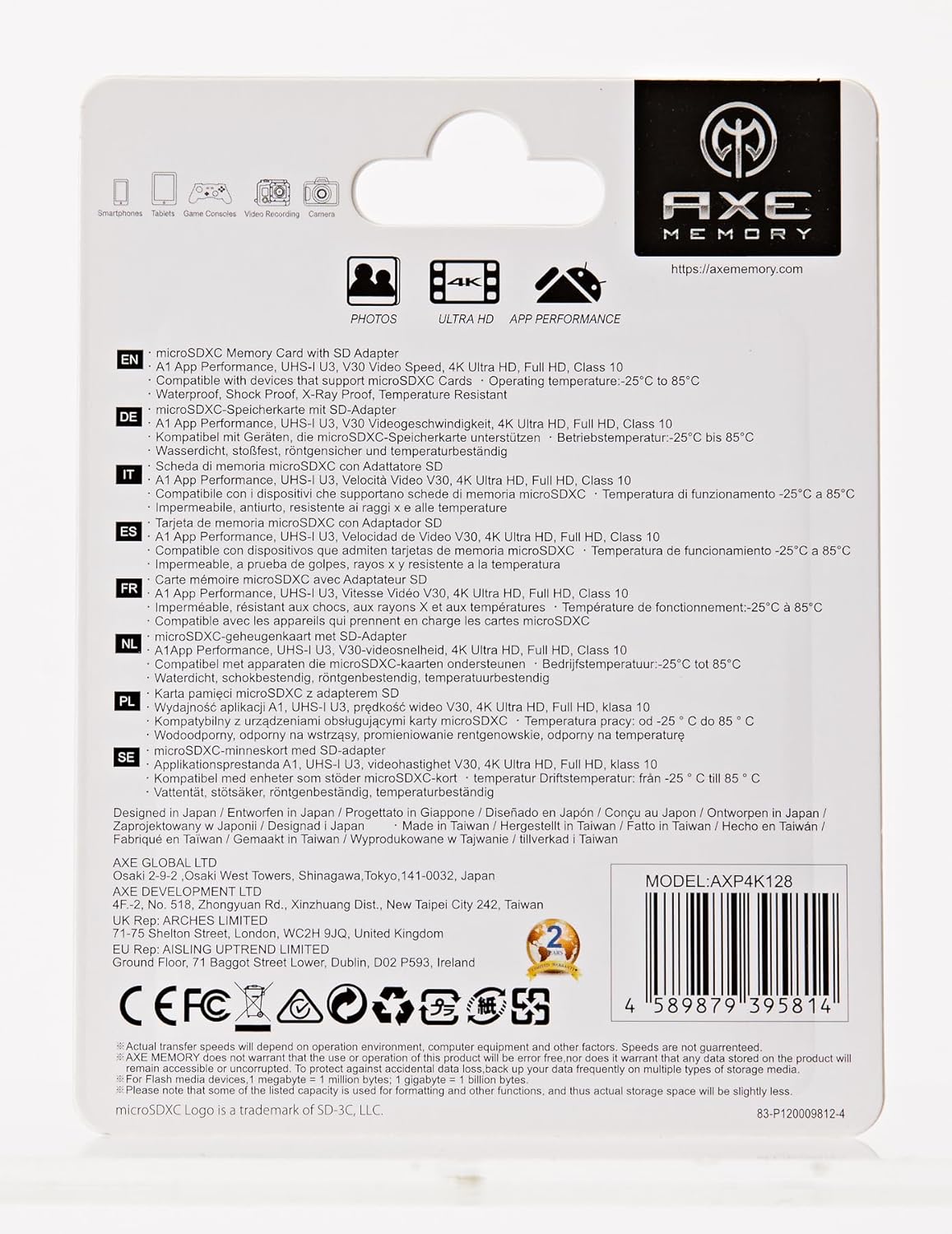 AXE MEMORY 128GB Micro SD Card, 4K Ultra Full HD Video, High Speed MicroSDXC with SD Adapter