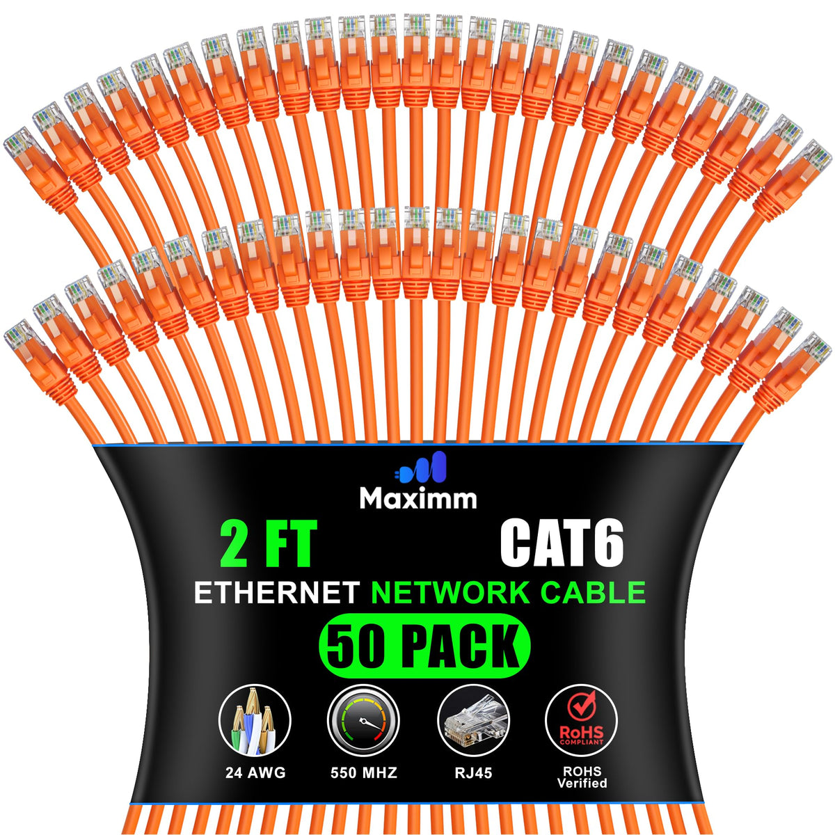 Maximm Cat 6 Ethernet Cable 2 ft (50-Pack) - High-Speed LAN Cable, Internet Cable, Patch Cable, and Network Cable - UTP, 10Gbps,