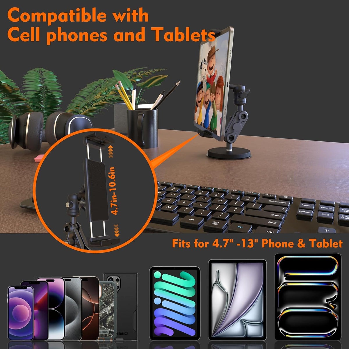 Universal Magnetic Tablet Holder 360°Adjustable 7.7" Aluminum Heavy Duty Arm 3.5" Magnetic Base for Car Dashboard, Gym, Kitchen Fits 4-13" Tablets, Phones
