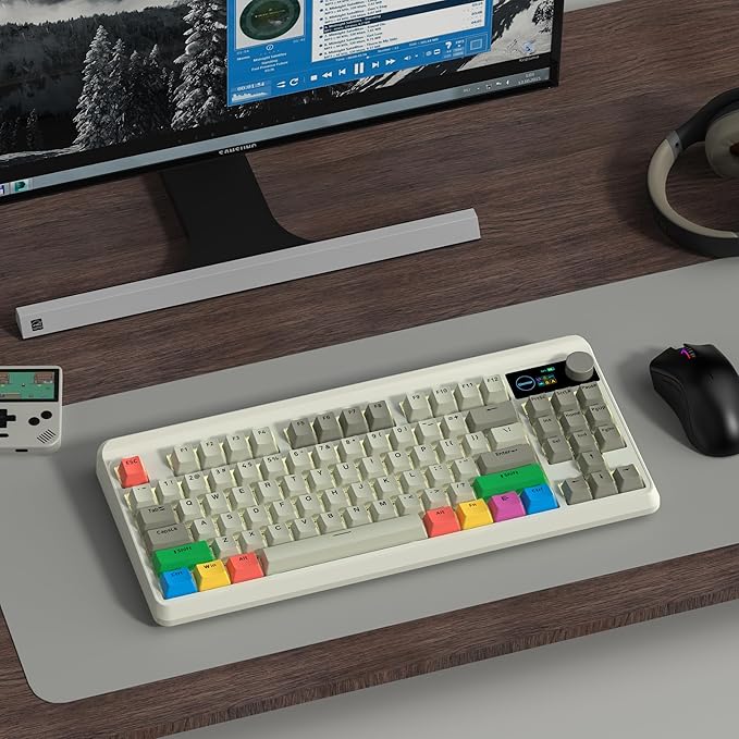 Womier Retro 75% Gaming Keyboard with OLED Display&Knob M87 Pro Bluetooth 5.1/2.4GHz /USB-C Wireless Mechanical Keyboard with Hot-Swappable Custom Switch Compact Gamer RGB Keyboard-Grey