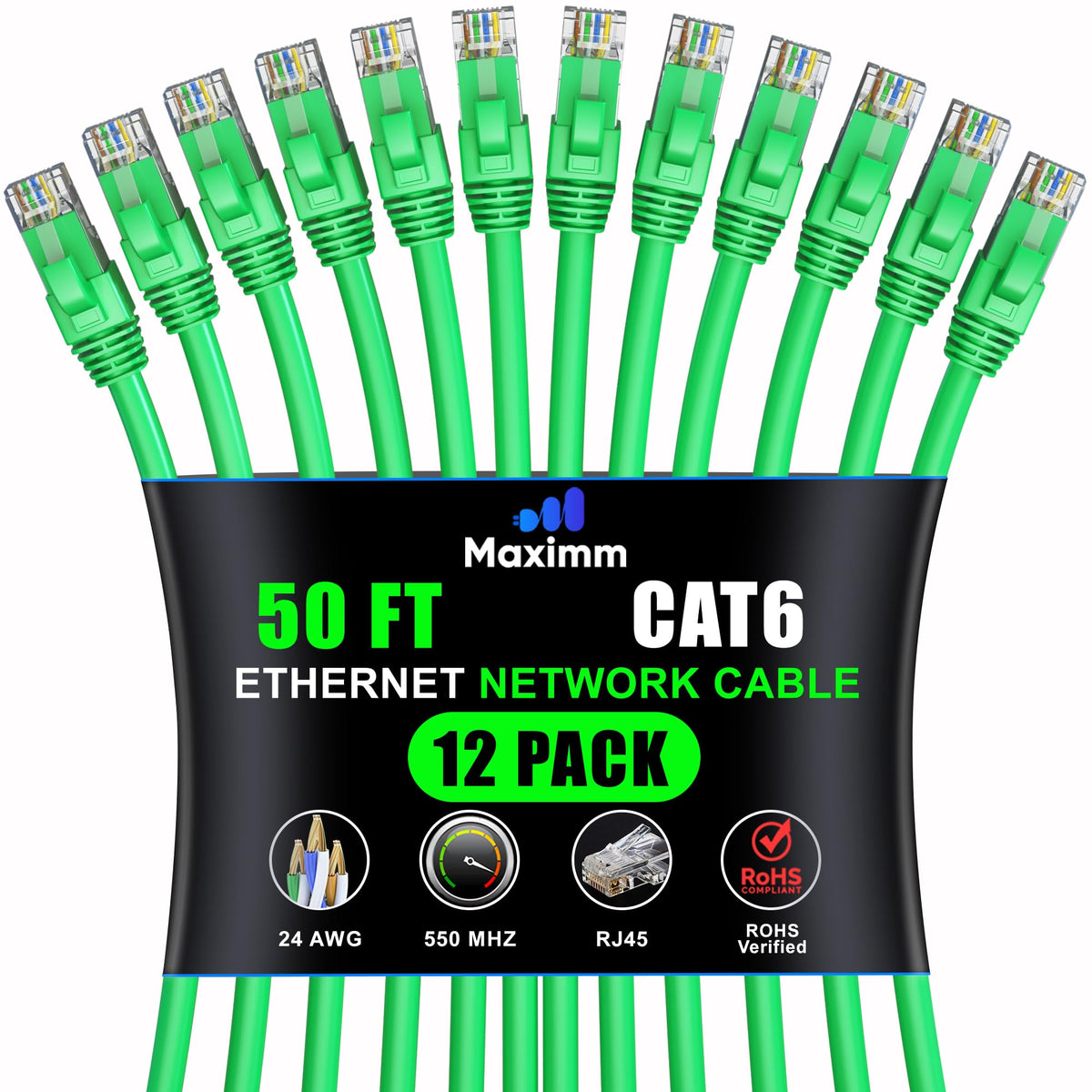 Maximm Cat 6 Ethernet Cable - 50 ft (12-Pack), High-Speed LAN, Internet, Patch, and Network Cable - UTP, 10Gbps, 550MHz - Green