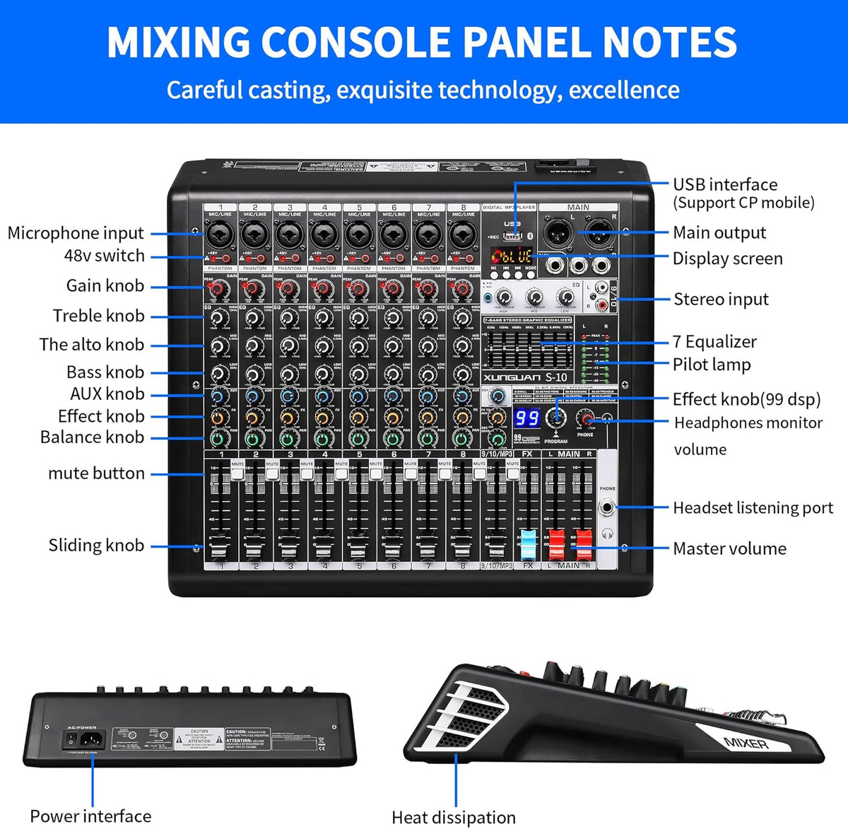 S-10 Audio Mixer 10 channel 8 channel Professional DJ Mixing Console with Reverb MP3 Player Bluetooth 48V Phantom Power Supply USB Recording for Studio Karaoke Live Music