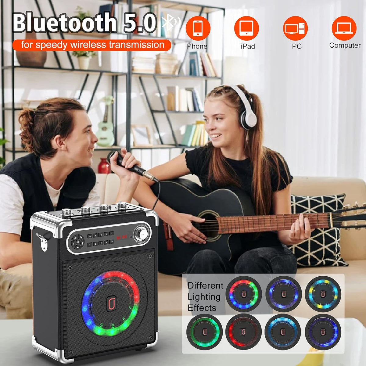 Bluetooth Speaker with Two Wireless Microphones, Outdoor Speaker with Subwoofer/Tweeter, Portable PA Speaker System with Remote Control, Discol Lights, FM, REC for Home, Party