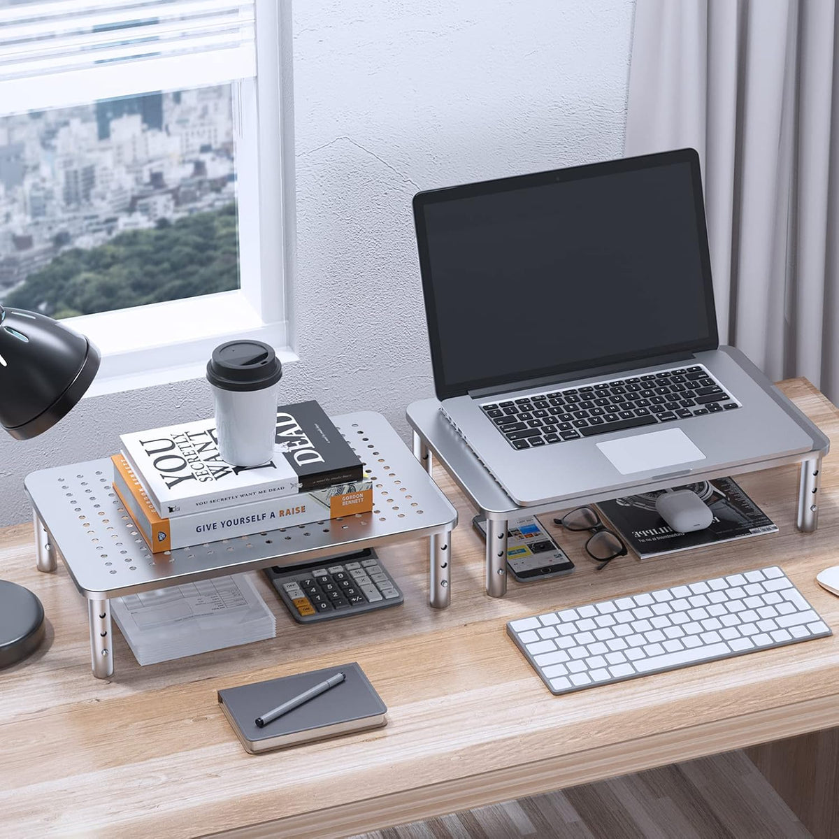 HUANUO Monitor Riser - 3 Height Adjustable Stand for Laptop, Computer, iMac, PC, Printer, Desktop Ergonomic Metal Monitor Riser with Mesh Platform
