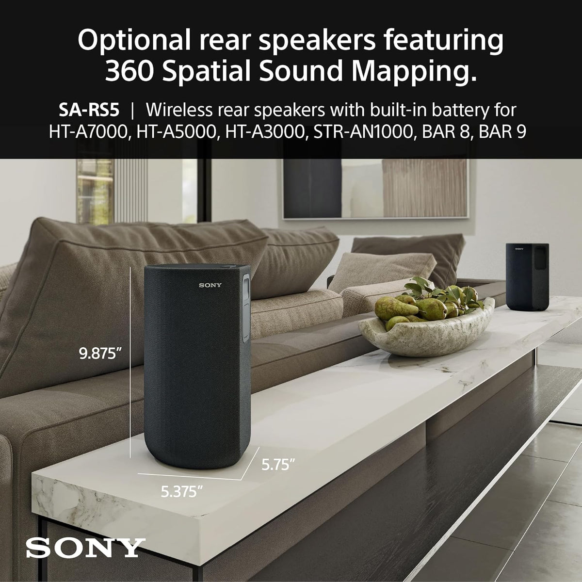 Sony BRAVIA Theater Bar 9 Sound Bar, SA-SW5 Wireless Subwoofer, and SA-RS5 Wireless Rear Speakers with Built-in Battery