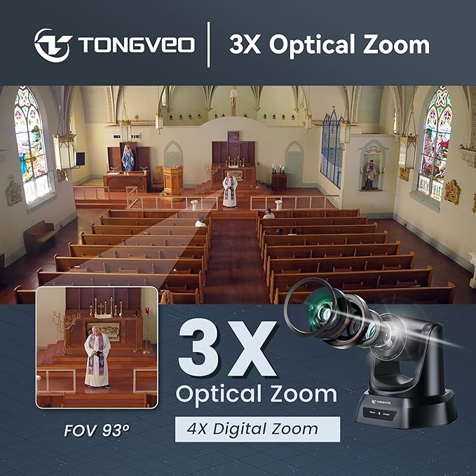 TONGVEO AI Wireless PTZ Camera System with Auto Tracking Built-in Receiver & Bluetooth Speakerphone 5.8GHz 1080P 60fps Conference Camera with 3X Optical Zoom for Church Zoom OBS Meetings
