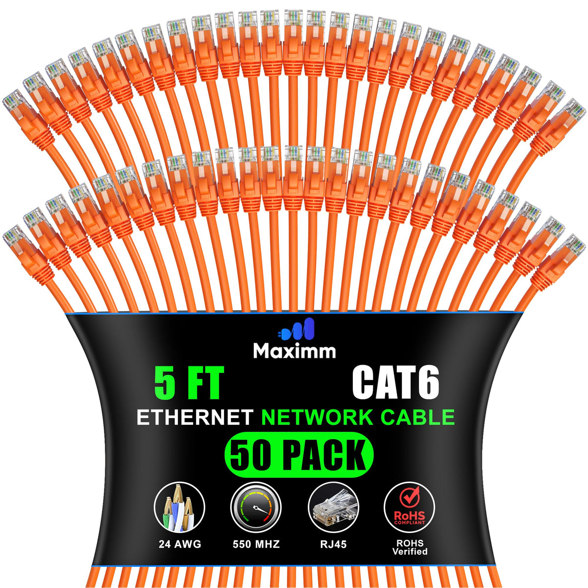 Maximm Cat 6 Ethernet Cable 5 Ft, (50-Pack) Cat6 Cable, LAN Internet and Network - UTP (Orange) 5 Feet