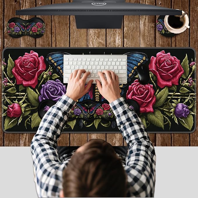 Ergonomic Keyboard Wrist Rest & Mouse Pad Wrist Rest SetXL Gaming Desk Mat 31.5x 11.8Non-Slip BaseMemory FoamEasy Typing Pain Relief for Office & HomeBlue Butterfly with Red Roses