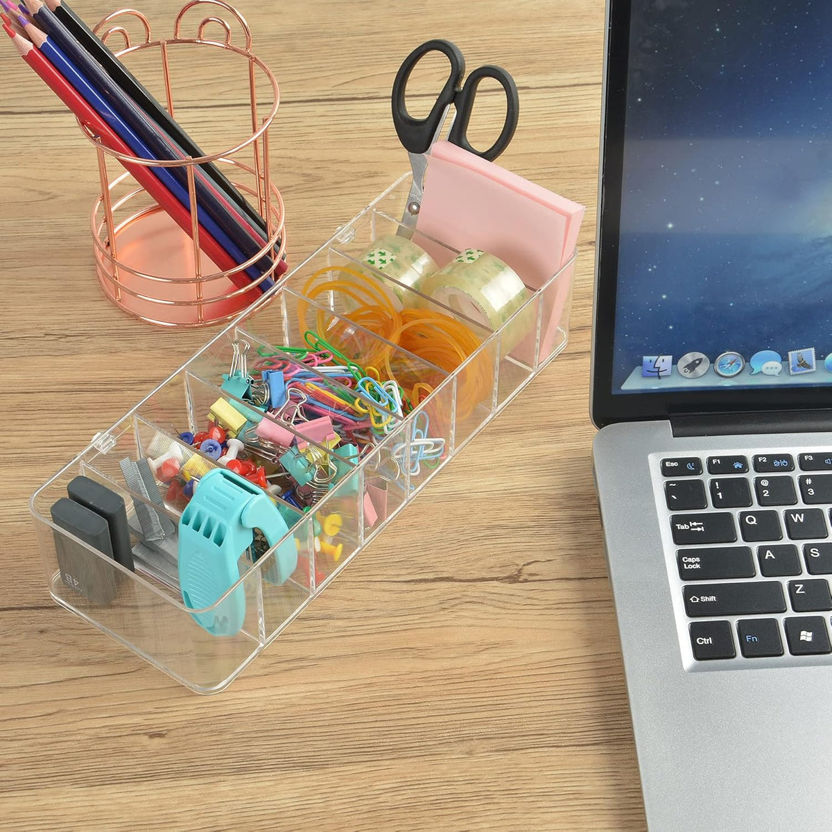 Electronics Organizer with 7 Sections, Clear Acrylic Cable Storage Bin Box, Includes 20 PCS Reusable Cable Ties (7