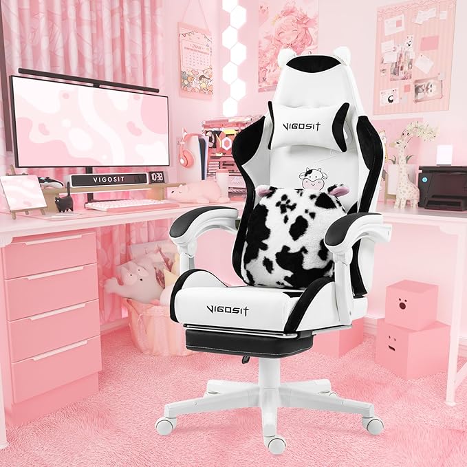 Cute Gaming Chair for Girl Ergonomic Cat Computer Chair with Armrests High Back Video Game Chairs with Footrest and Massage Lumbar Support for Teen & Woman Adjustable Height (Black+White)