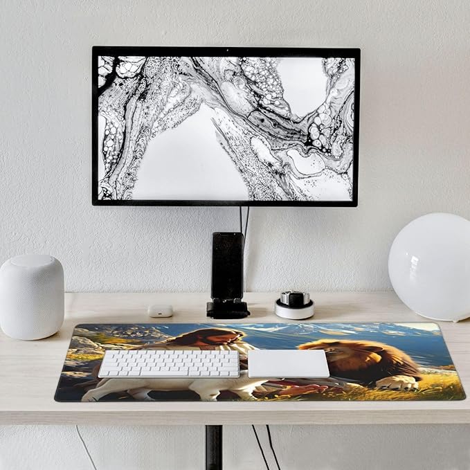 XXL Gaming Mouse Pad Extended (35.5X16) Jesus with Lion & Lamb Large Non-Slip Desk Mat Water-Resistant Keyboard Mousepad for Office & Home