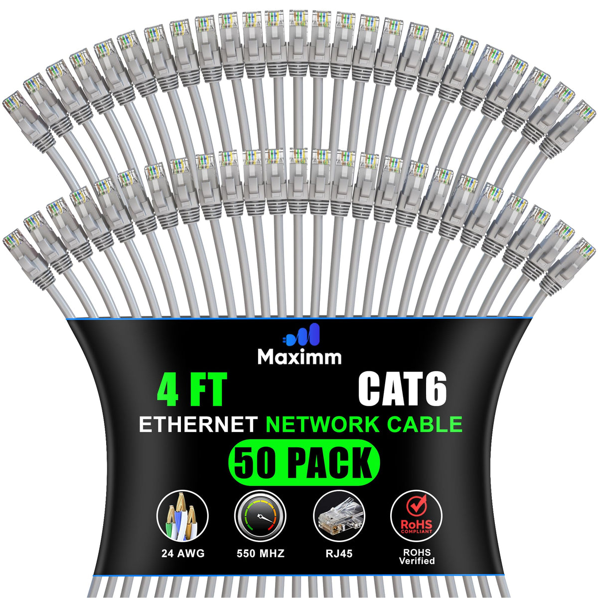 Maximm Cat 6 Ethernet Cable 4 Ft, (50-Pack) Cat6 Cable, LAN Internet and Network - UTP (Gray) 4 Feet