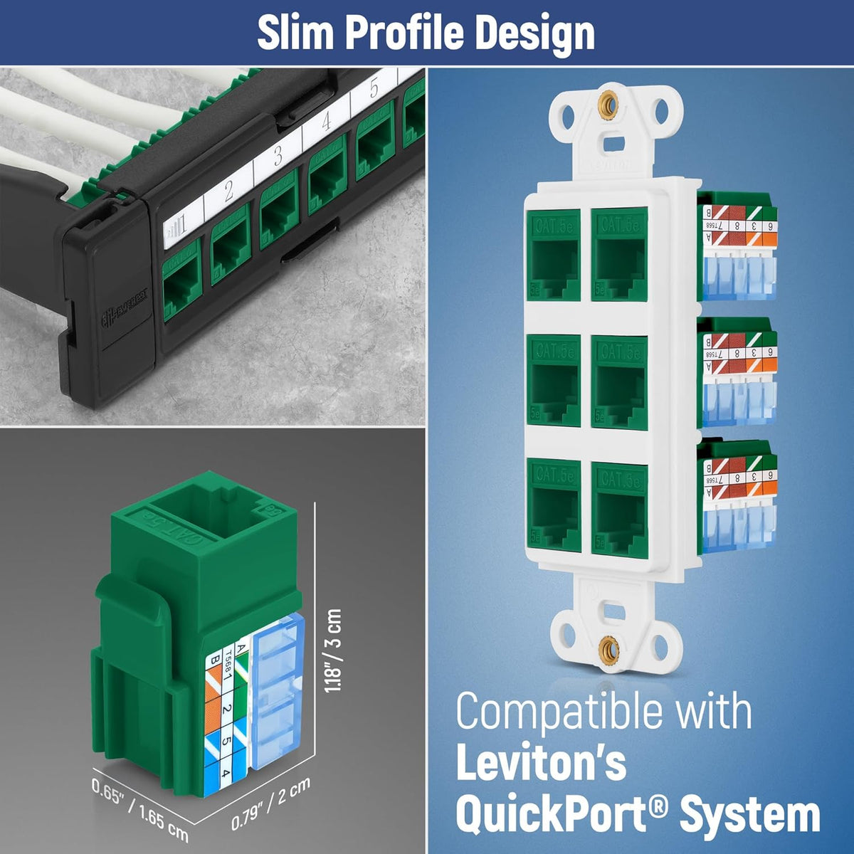 Everest 90° Angled RJ45 Cat5e Keystone Jacks 10-Pack in Green - Slim Profile Female RJ45 Connectors - Cat 5e Keystone Jack - Compatible with 90° Angled Speed Termination Tool - easyJACK (B094WB91H3)