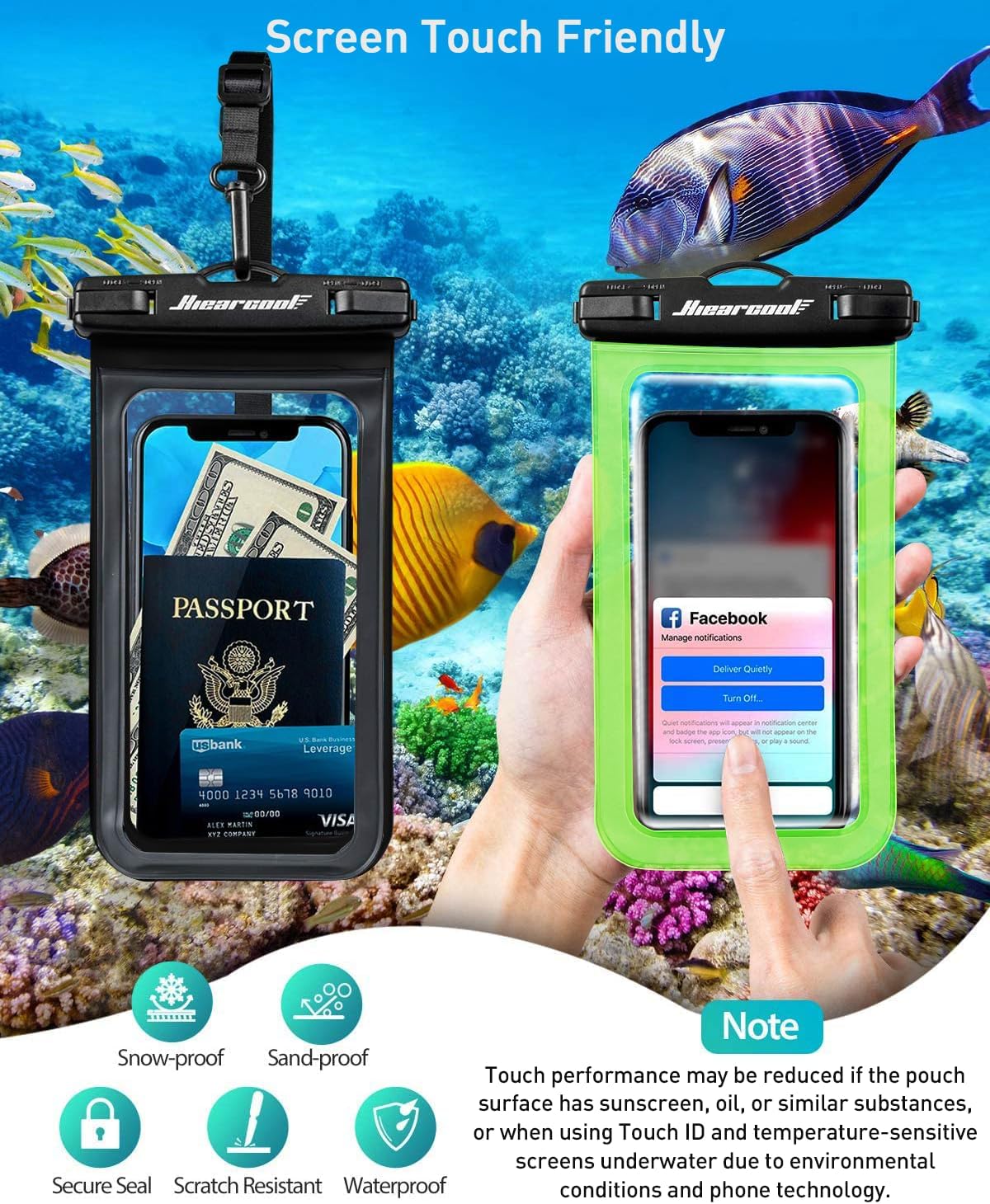 Hiearcool Waterproof Phone Pouch,Waterproof Phone Case for iPhone 16 15 14 13 Pro Max Plus up to 8.3",IPX8 Cellphone Dry Bag for Beach Cruise Travel Black&Olive Green-2Pack