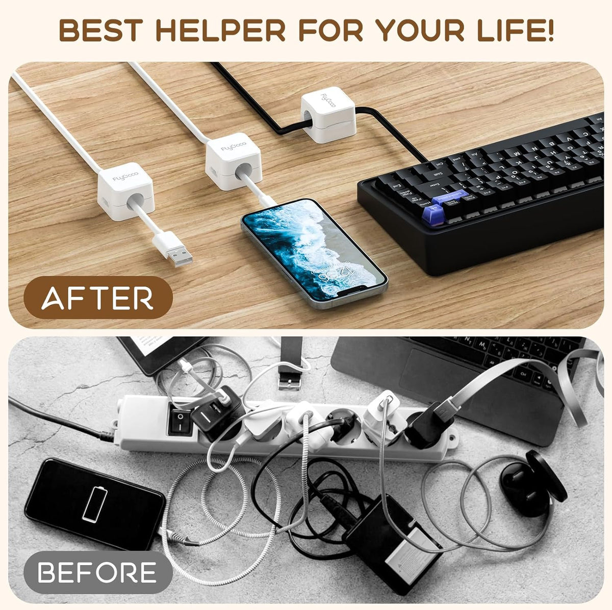 Flycoco 6 Pack Magnetic Cord Organizer, Cable Management Clips for Desk, Phone Charging Cable Storage Holder (White)