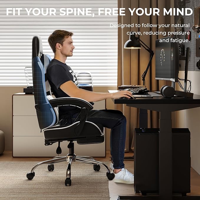 Dowinx Ergonomic Gaming Chair with Footrest Heavy Duty 330lbs Office Chair Massage Lumbar Support Adjustable Height & Headrest Pillow Comfortable for Back Pain Relief Streaming Long Gaming Whi
