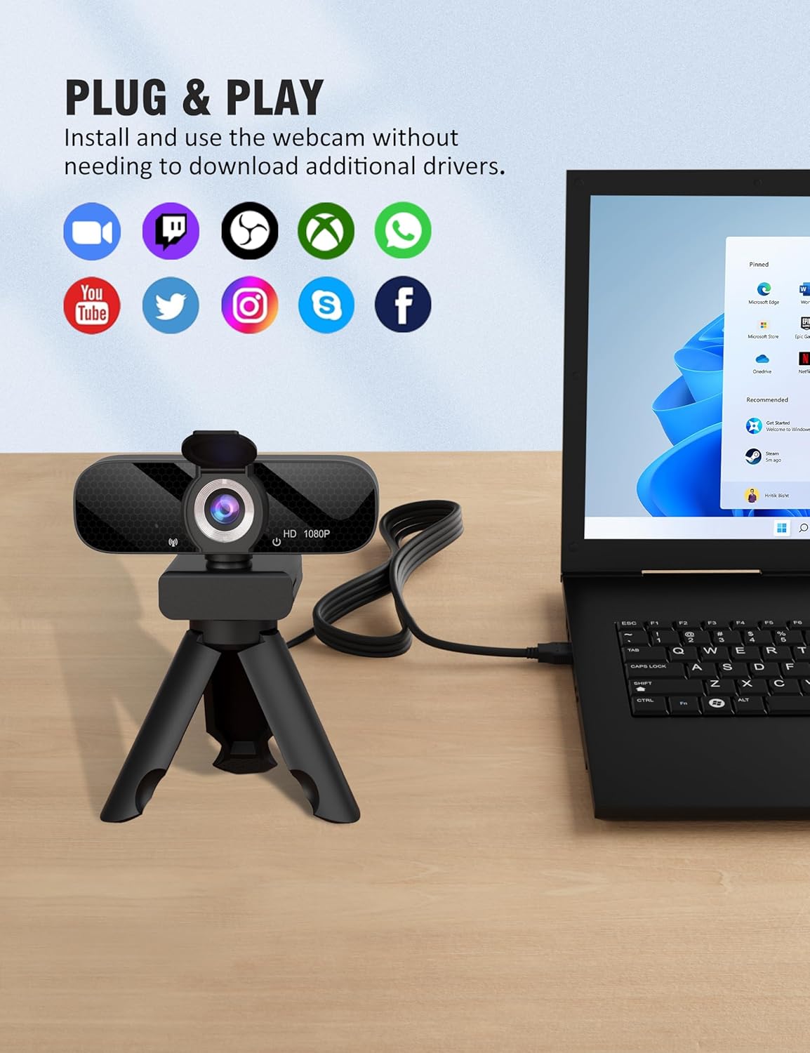 Full HD 1080P Webcam with Microphone, Wide Angle, Rotatable Tripod, Privacy Cover