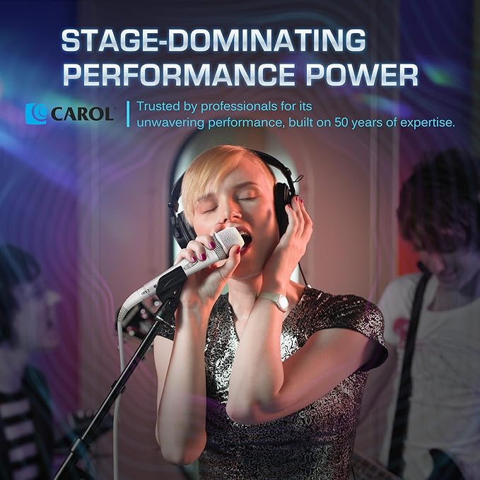 CAROL E dur-916S White XLR Wired Vocal Microphone for Singing – Dynamic Supercardioid Mic with Dual Shock Mount System for Karaoke Stage & Public Speaking Includes Mic 14.8ft XLR Cable & Sw