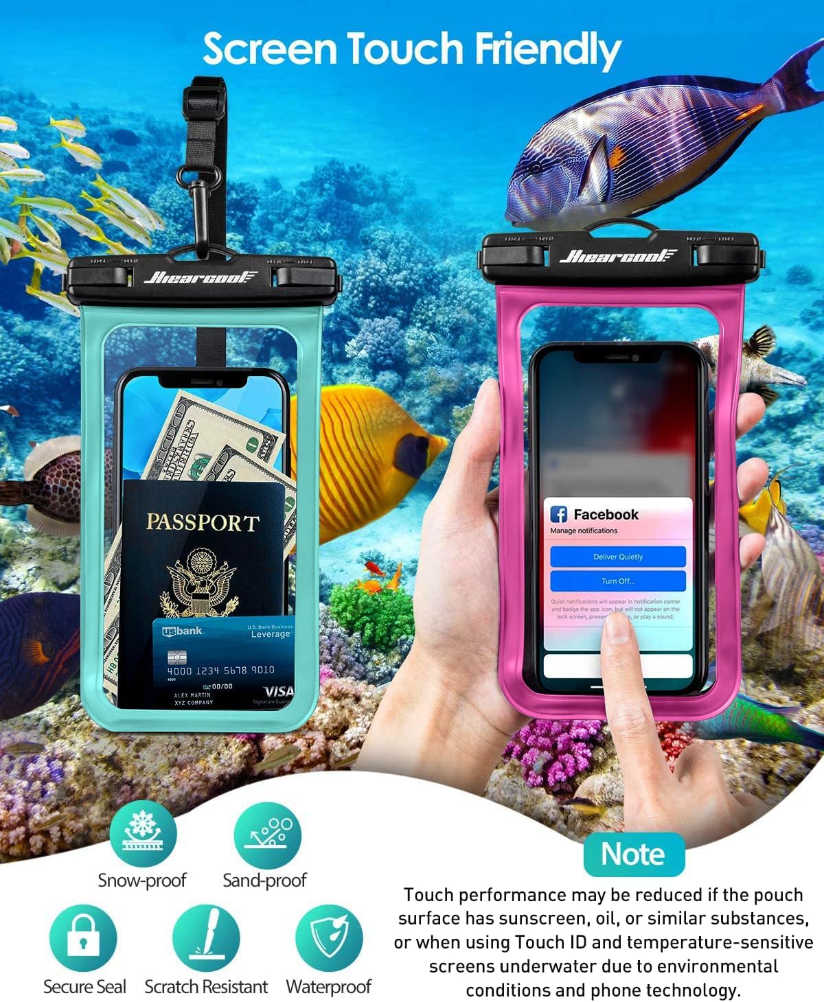 Hiearcool Waterproof Phone Pouch,Waterproof Phone Case for iPhone 16 15 14 13 Pro Max,IPX8 Phone Waterproof Pouch for Beach Cruise Ship Travel Essentials Green&Bright Red-2Pack