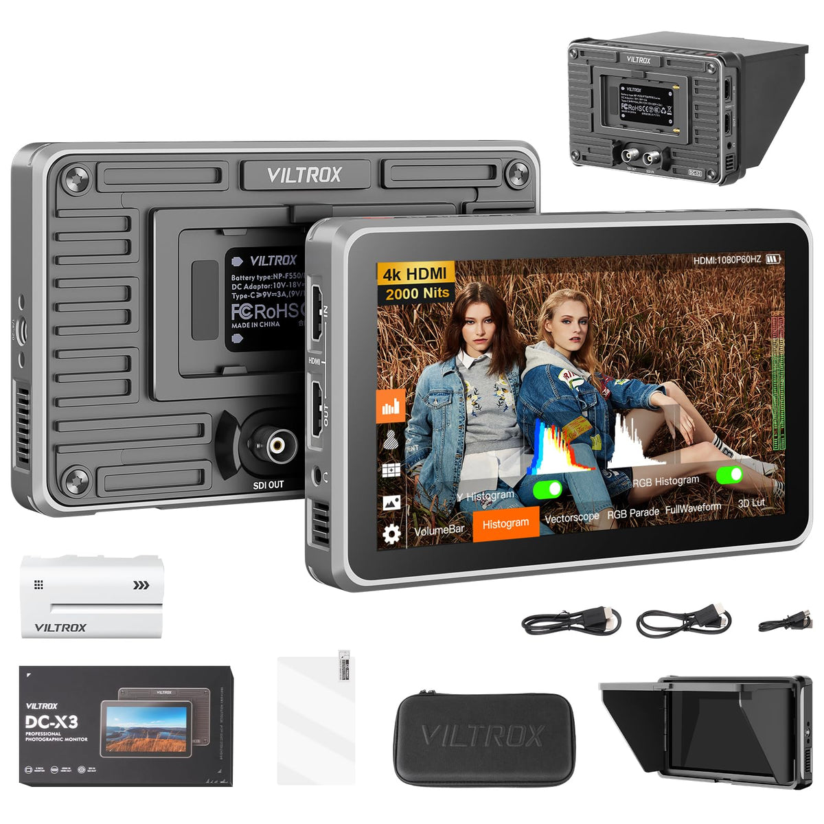 Viltrox Dc-X3 4K Sdi Monitor, Dc-X Fhd 2000Nits 6 Touchscreen Camera Field Monitor With Sunshade Hood, Battery, Storage Bag (Dc-