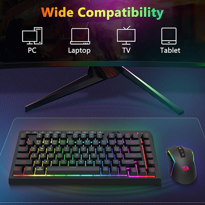 Redragon Wireless Gaming Keyboard and Mouse Combo Bluetooth/2.4G/USB-C Wired RGB Backlit 75% Portable Quiet Rechargeable Macro Membrane Keyboard & 12800 DPI Mouse with Software for Win/MAC