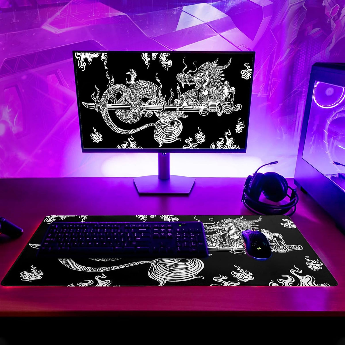 Dragon Gaming Mouse Pad - Black, Large (31.5x11.8 Inch), Non-Slip Base, Stitched Edge for Gaming & Office