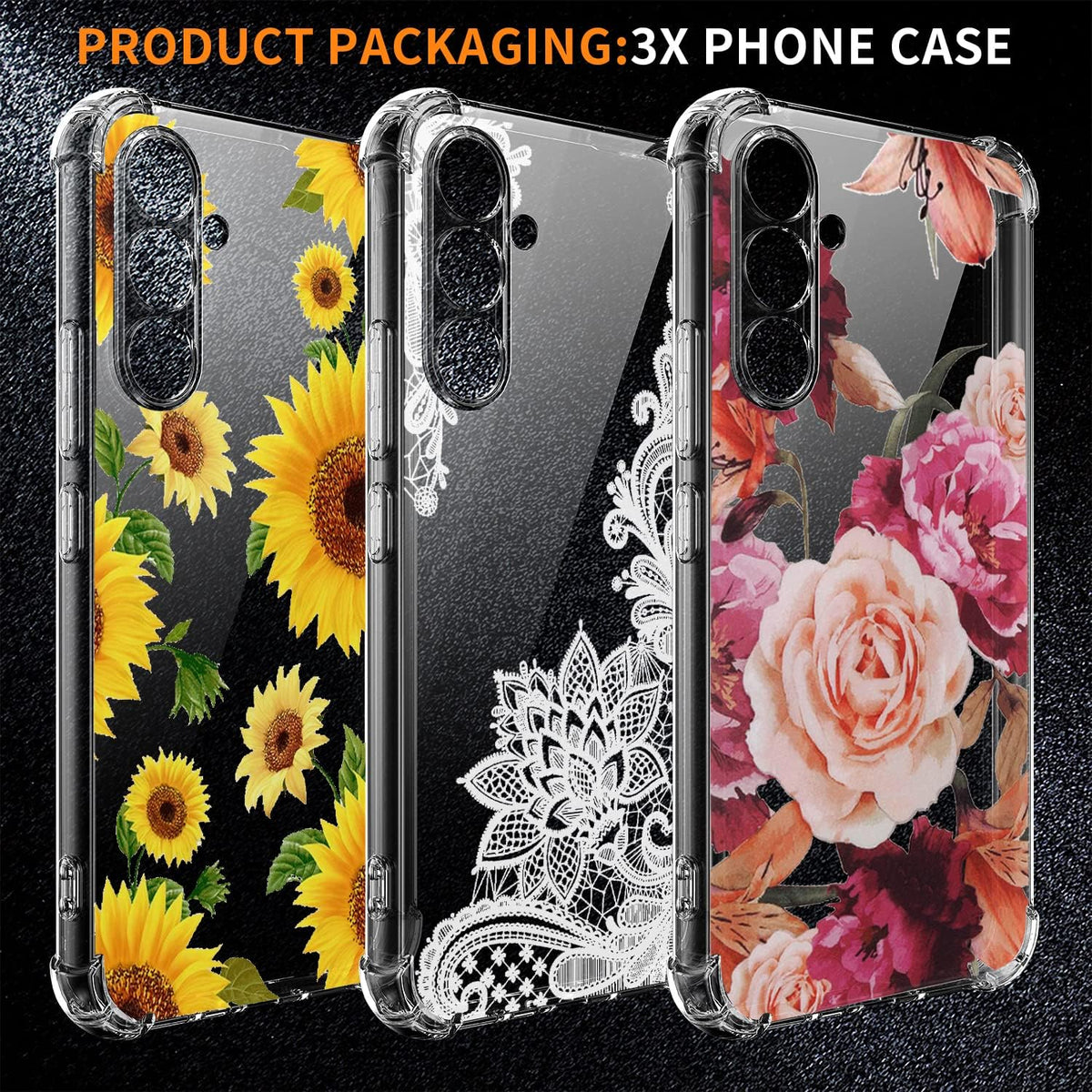 (3-Pack) Samsung Galaxy A14 5G Case, Soft Clear TPU Scratch-Resistant Drop Protection Phone Cover with Flower