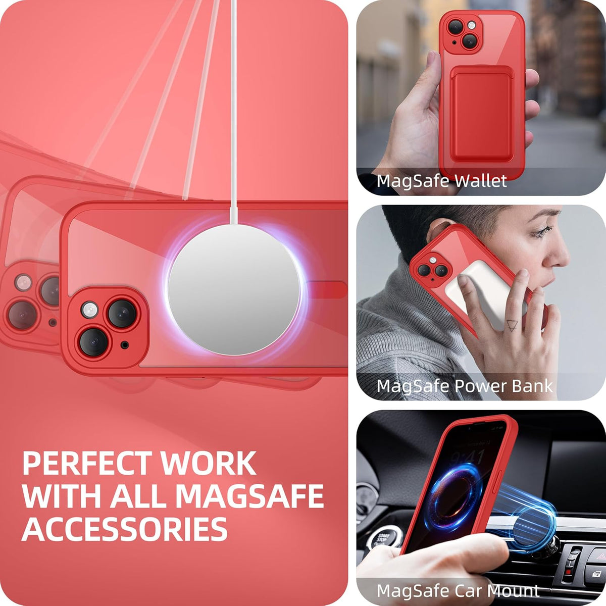 BERFY Magnetic for iPhone 14 Case, Compatible with MagSafe, Built-in Privacy Screen Protector and Upgraded Camera Protection, Anti-Spy Full Body Shockproof Phone Case for 14 6.1", Red